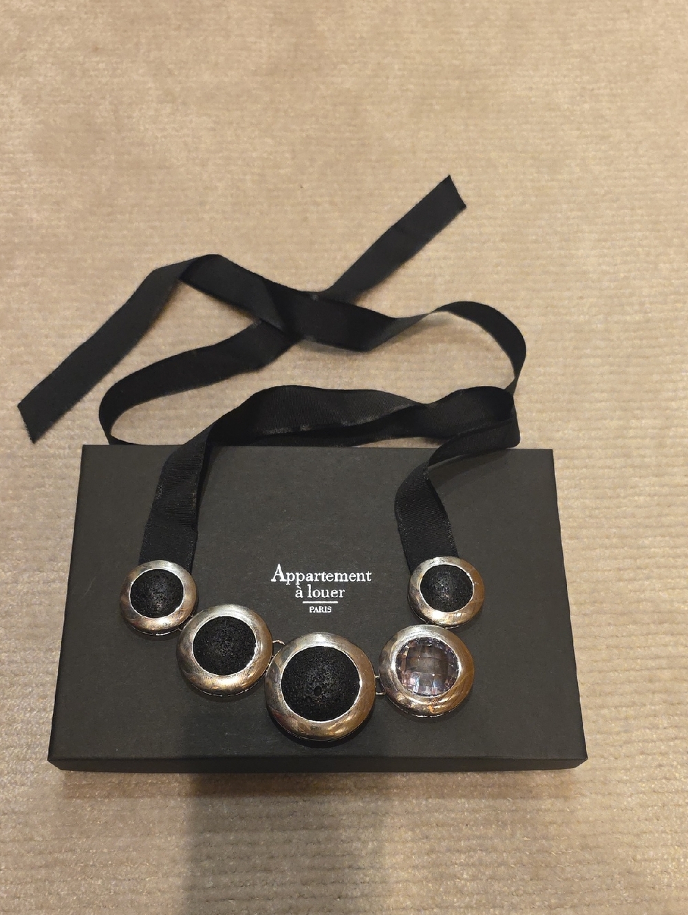 Black Ribbon Necklace with Silver Accents